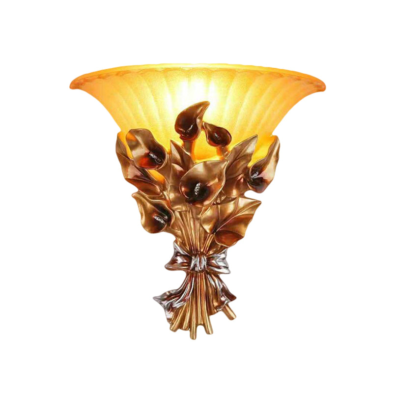 Gold Flower Wall Mount Light Traditional Resin 1 Light Living Room Sconce Light with Flared Glass Shade Clearhalo 'Wall Lamps & Sconces' 'Wall Lights' Lighting' 228824