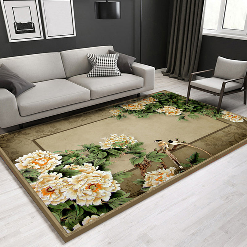 Chinoiserie Floral Printed Rug Multi Colored Synthetics Indoor Rug Anti-Slip Backing Easy Care Carpet for Parlor Dark Brown Clearhalo 'Area Rug' 'Rug' 2288267