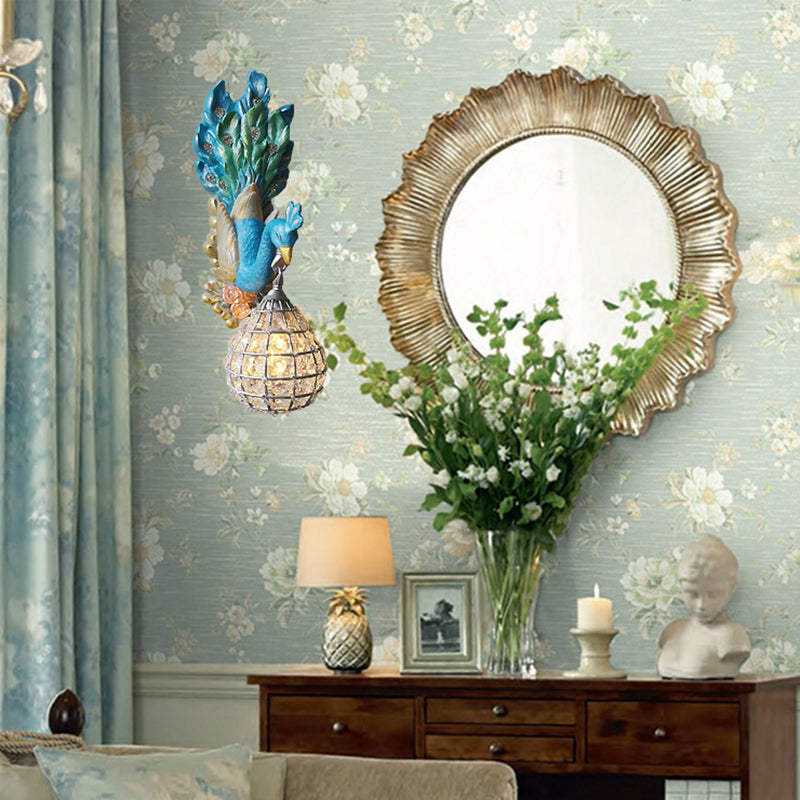 Blue Peacock Wall Light Fixture Southeast Asia Style Resin 1 Light Bedroom Sconce Lamp with Globe Frame Shade Blue Clearhalo 'Wall Lamps & Sconces' 'Wall Lights' Lighting' 228867