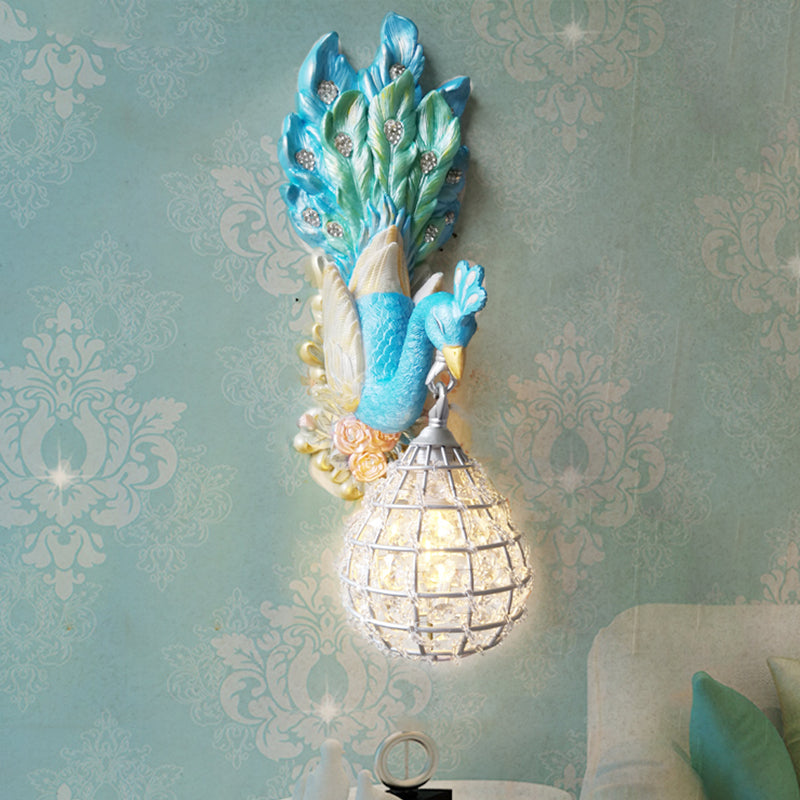 Blue Peacock Wall Light Fixture Southeast Asia Style Resin 1 Light Bedroom Sconce Lamp with Globe Frame Shade Clearhalo 'Wall Lamps & Sconces' 'Wall Lights' Lighting' 228868