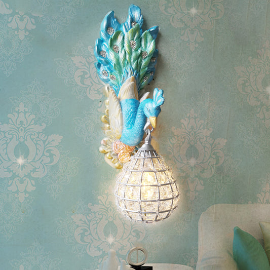 Blue Peacock Wall Light Fixture Southeast Asia Style Resin 1 Light Bedroom Sconce Lamp with Globe Frame Shade Clearhalo 'Wall Lamps & Sconces' 'Wall Lights' Lighting' 228868