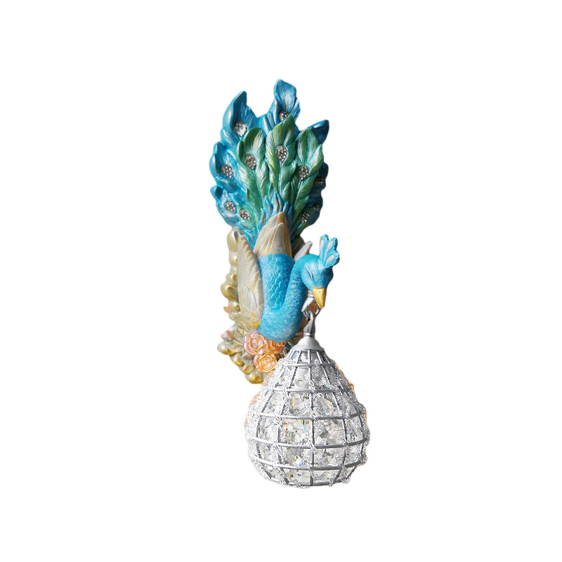 Blue Peacock Wall Light Fixture Southeast Asia Style Resin 1 Light Bedroom Sconce Lamp with Globe Frame Shade Clearhalo 'Wall Lamps & Sconces' 'Wall Lights' Lighting' 228869