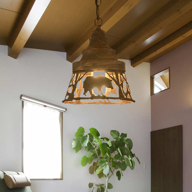 8"/12"/18" W Tapered Hanging Ceiling Light Country Metal 1/2 Lights Restaurant Pendant Lighting in Rust with Animal Pattern Clearhalo 'Ceiling Lights' 'Pendant Lights' 'Pendants' Lighting' 228929