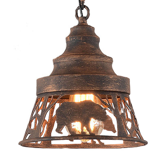 8"/12"/18" W Tapered Hanging Ceiling Light Country Metal 1/2 Lights Restaurant Pendant Lighting in Rust with Animal Pattern Clearhalo 'Ceiling Lights' 'Pendant Lights' 'Pendants' Lighting' 228931