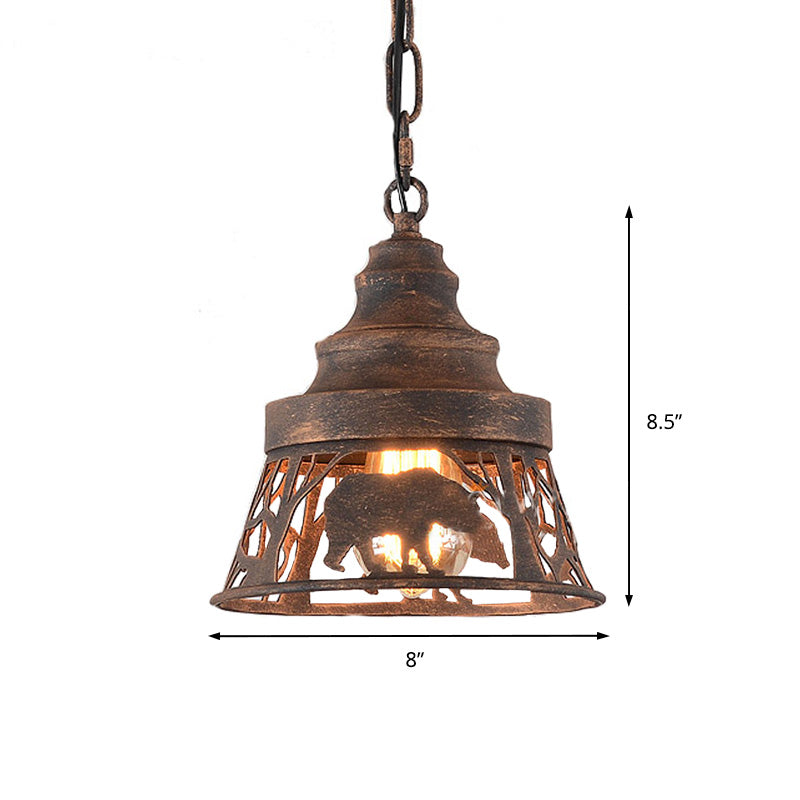 8"/12"/18" W Tapered Hanging Ceiling Light Country Metal 1/2 Lights Restaurant Pendant Lighting in Rust with Animal Pattern Clearhalo 'Ceiling Lights' 'Pendant Lights' 'Pendants' Lighting' 228932