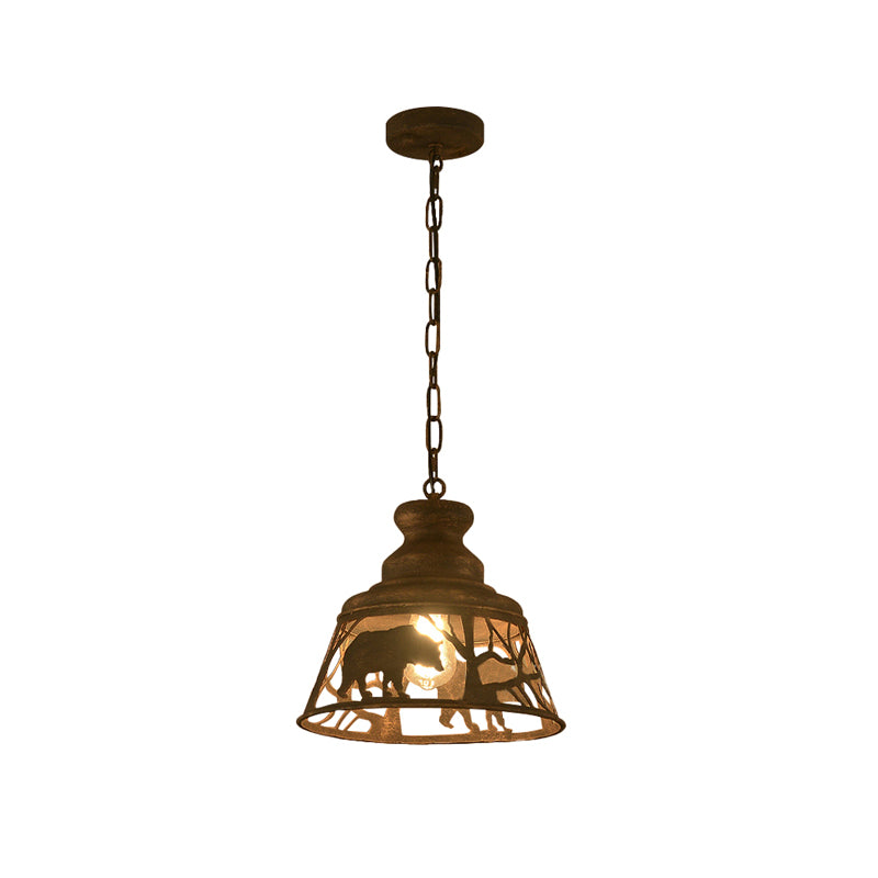 8"/12"/18" W Tapered Hanging Ceiling Light Country Metal 1/2 Lights Restaurant Pendant Lighting in Rust with Animal Pattern Clearhalo 'Ceiling Lights' 'Pendant Lights' 'Pendants' Lighting' 228935