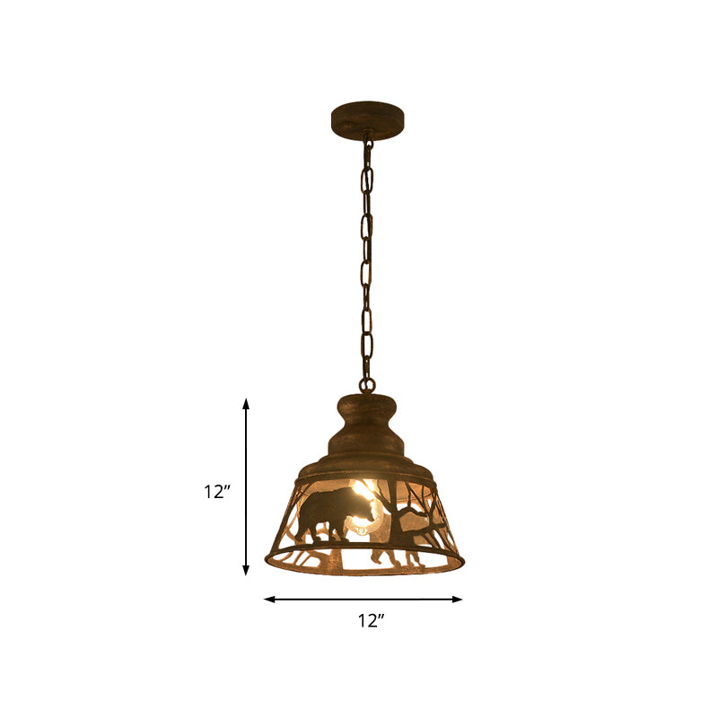 8"/12"/18" W Tapered Hanging Ceiling Light Country Metal 1/2 Lights Restaurant Pendant Lighting in Rust with Animal Pattern Clearhalo 'Ceiling Lights' 'Pendant Lights' 'Pendants' Lighting' 228936