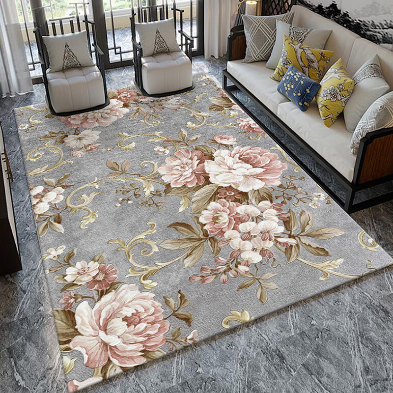 Multi-Colored Chinese Rug Cotton Blend Flower Pattern Indoor Rug Non-Slip Backing Pet Friendly Carpet for Parlor Silver Gray Clearhalo 'Area Rug' 'Rug' 2289626