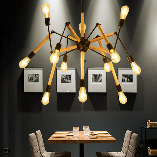 Wooden Spider Suspension Lighting Loft Style 12-Bulb Restaurant Chandelier in Black Clearhalo 'Cast Iron' 'Ceiling Lights' 'Chandeliers' 'Industrial Chandeliers' 'Industrial' 'Metal' 'Middle Century Chandeliers' 'Rustic Chandeliers' 'Tiffany' Lighting' 2289705