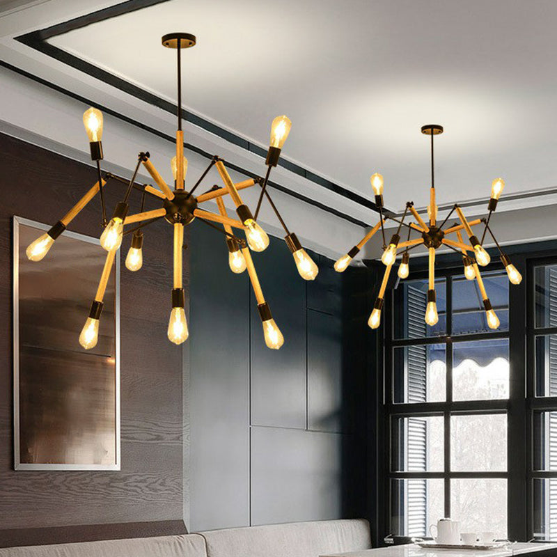 Wooden Spider Suspension Lighting Loft Style 12-Bulb Restaurant Chandelier in Black Clearhalo 'Cast Iron' 'Ceiling Lights' 'Chandeliers' 'Industrial Chandeliers' 'Industrial' 'Metal' 'Middle Century Chandeliers' 'Rustic Chandeliers' 'Tiffany' Lighting' 2289706