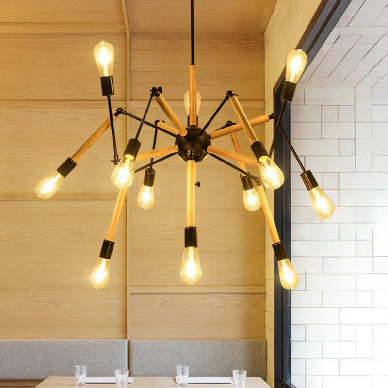 Wooden Spider Suspension Lighting Loft Style 12-Bulb Restaurant Chandelier in Black Clearhalo 'Cast Iron' 'Ceiling Lights' 'Chandeliers' 'Industrial Chandeliers' 'Industrial' 'Metal' 'Middle Century Chandeliers' 'Rustic Chandeliers' 'Tiffany' Lighting' 2289707