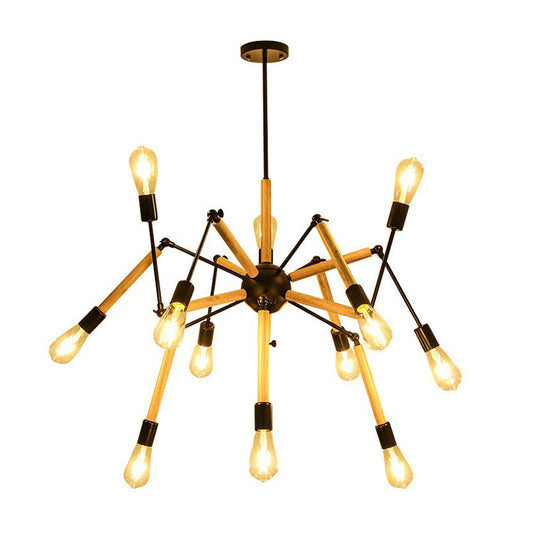 Wooden Spider Suspension Lighting Loft Style 12-Bulb Restaurant Chandelier in Black Clearhalo 'Cast Iron' 'Ceiling Lights' 'Chandeliers' 'Industrial Chandeliers' 'Industrial' 'Metal' 'Middle Century Chandeliers' 'Rustic Chandeliers' 'Tiffany' Lighting' 2289708