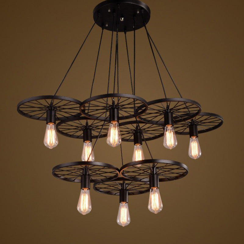 Loft Style Wagon Wheel Chandelier Cast Iron Suspension Pendant Light for Dining Room Clearhalo 'Cast Iron' 'Ceiling Lights' 'Chandeliers' 'Industrial Chandeliers' 'Industrial' 'Metal' 'Middle Century Chandeliers' 'Rustic Chandeliers' 'Tiffany' Lighting' 2289717