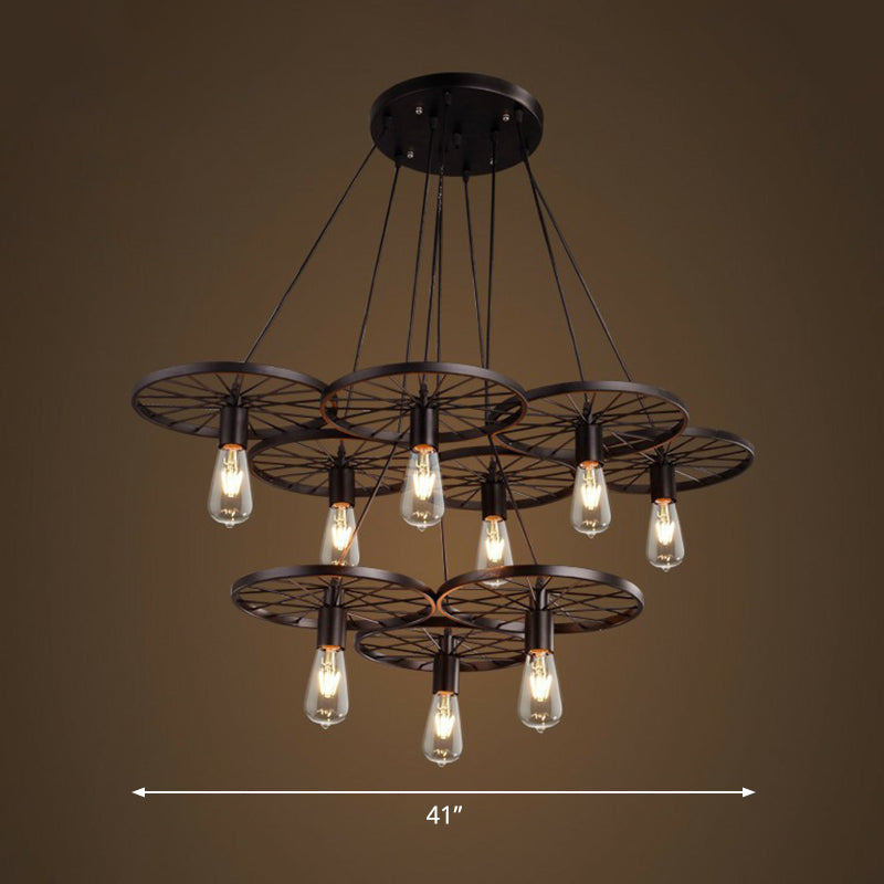 Loft Style Wagon Wheel Chandelier Cast Iron Suspension Pendant Light for Dining Room 9 Black Clearhalo 'Cast Iron' 'Ceiling Lights' 'Chandeliers' 'Industrial Chandeliers' 'Industrial' 'Metal' 'Middle Century Chandeliers' 'Rustic Chandeliers' 'Tiffany' Lighting' 2289718