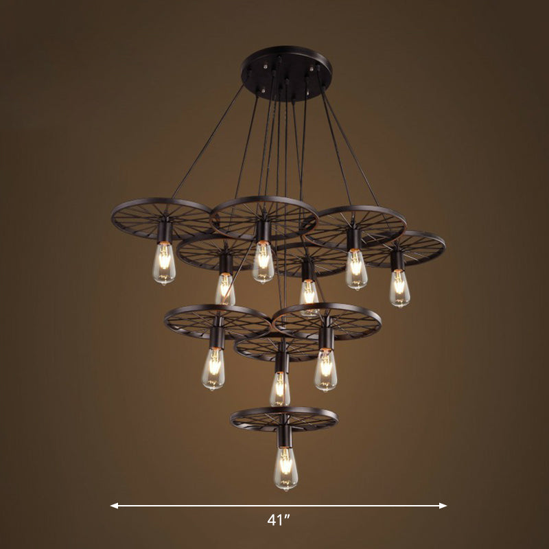 Loft Style Wagon Wheel Chandelier Cast Iron Suspension Pendant Light for Dining Room 10 Black Clearhalo 'Cast Iron' 'Ceiling Lights' 'Chandeliers' 'Industrial Chandeliers' 'Industrial' 'Metal' 'Middle Century Chandeliers' 'Rustic Chandeliers' 'Tiffany' Lighting' 2289720