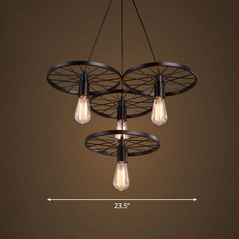Loft Style Wagon Wheel Chandelier Cast Iron Suspension Pendant Light for Dining Room 4 Black Clearhalo 'Cast Iron' 'Ceiling Lights' 'Chandeliers' 'Industrial Chandeliers' 'Industrial' 'Metal' 'Middle Century Chandeliers' 'Rustic Chandeliers' 'Tiffany' Lighting' 2289722