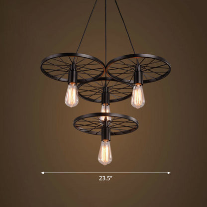 Loft Style Wagon Wheel Chandelier Cast Iron Suspension Pendant Light for Dining Room 4 Black Clearhalo 'Cast Iron' 'Ceiling Lights' 'Chandeliers' 'Industrial Chandeliers' 'Industrial' 'Metal' 'Middle Century Chandeliers' 'Rustic Chandeliers' 'Tiffany' Lighting' 2289722