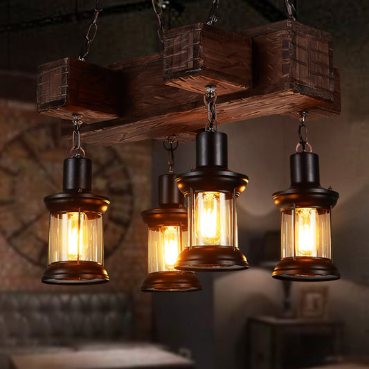Wooden Brown Ceiling Light Lantern 6 Bulbs Rustic Hanging Island Lamp for Restaurant Clearhalo 'Ceiling Lights' 'Island Lights' Lighting' 2289723