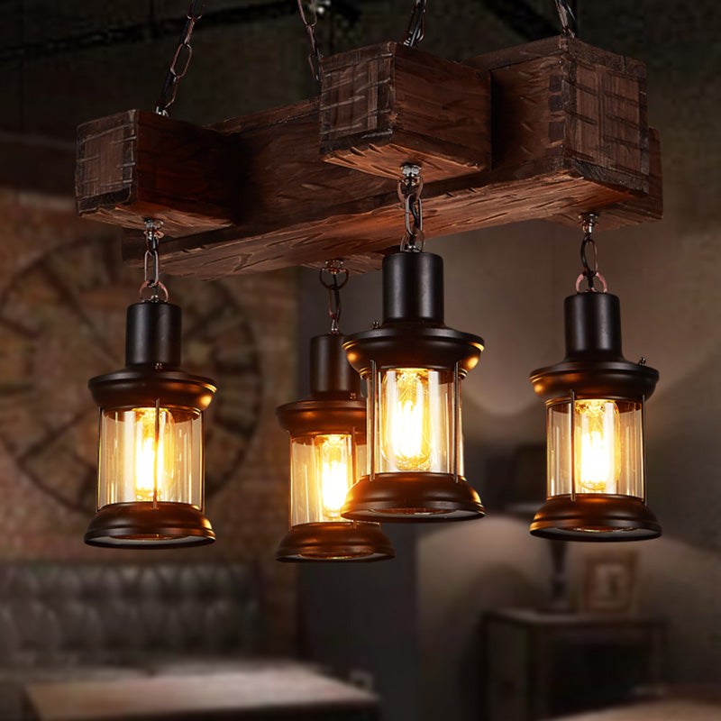 Wooden Brown Ceiling Light Lantern 6 Bulbs Rustic Hanging Island Lamp for Restaurant Clearhalo 'Ceiling Lights' 'Island Lights' Lighting' 2289725
