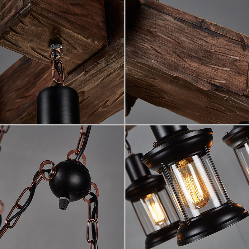 Wooden Brown Ceiling Light Lantern 6 Bulbs Rustic Hanging Island Lamp for Restaurant Clearhalo 'Ceiling Lights' 'Island Lights' Lighting' 2289728