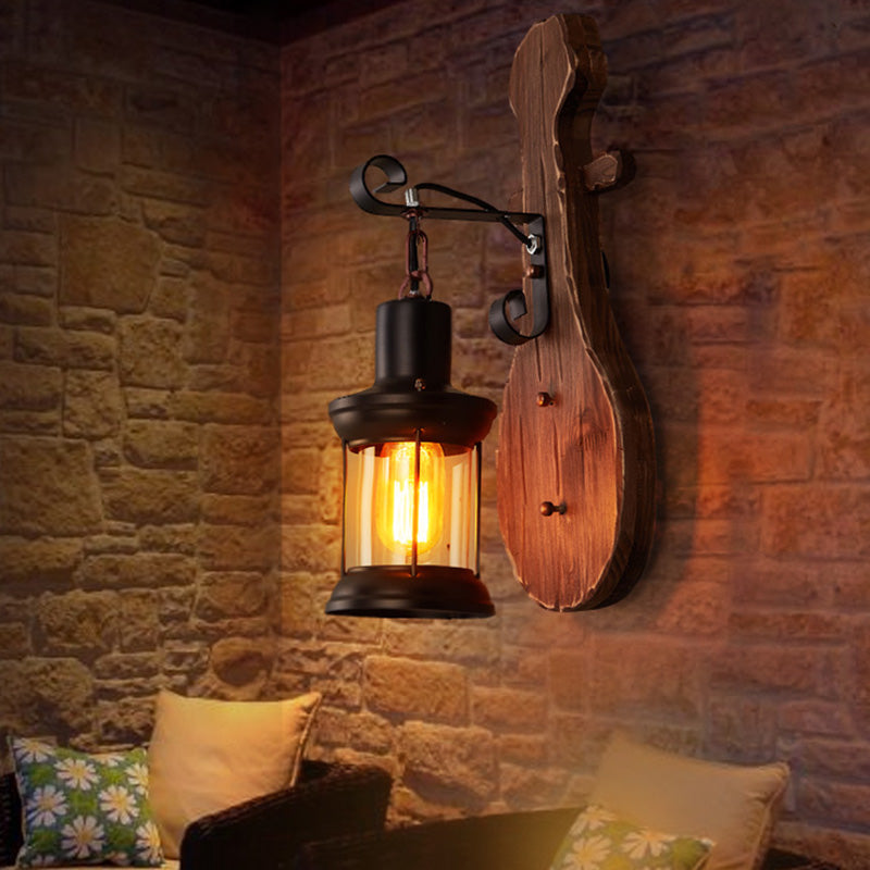 Nautical Novelty Guitar Wall Light Fixture 1-Light Wooden Sconce with Lantern Lampshade Clearhalo 'Industrial wall lights' 'Industrial' 'Middle century wall lights' 'Rustic wall lights' 'Tiffany' 'Wall Lamps & Sconces' 'Wall Lights' Lighting' 2289729