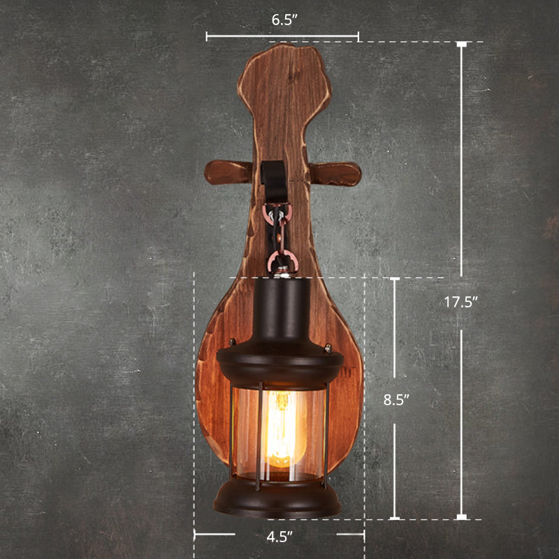Nautical Novelty Guitar Wall Light Fixture 1-Light Wooden Sconce with Lantern Lampshade Wood Clearhalo 'Industrial wall lights' 'Industrial' 'Middle century wall lights' 'Rustic wall lights' 'Tiffany' 'Wall Lamps & Sconces' 'Wall Lights' Lighting' 2289730