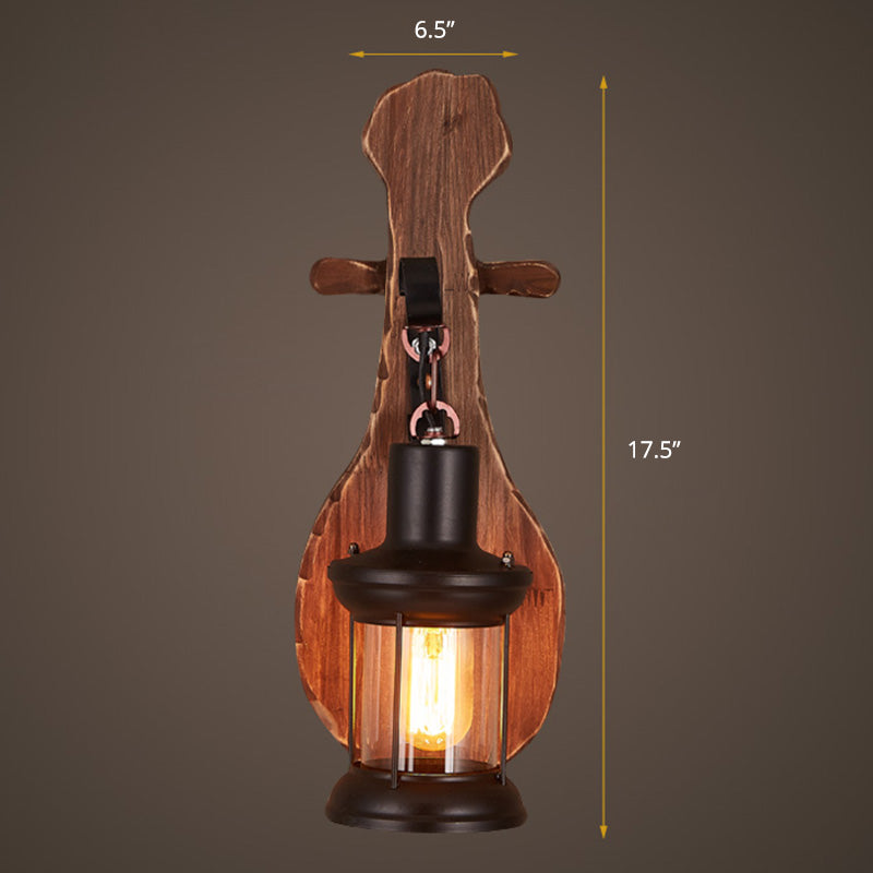 Nautical Novelty Guitar Wall Light Fixture 1-Light Wooden Sconce with Lantern Lampshade Clearhalo 'Industrial wall lights' 'Industrial' 'Middle century wall lights' 'Rustic wall lights' 'Tiffany' 'Wall Lamps & Sconces' 'Wall Lights' Lighting' 2289732