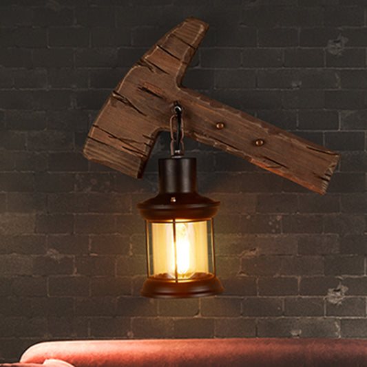 Single-Bulb Sconce Lamp Farmhouse Ax Wooden Wall Lighting with Lantern Shade for Bistro Clearhalo 'Industrial wall lights' 'Industrial' 'Middle century wall lights' 'Rustic wall lights' 'Tiffany' 'Wall Lamps & Sconces' 'Wall Lights' Lighting' 2289735