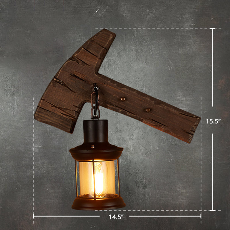Single-Bulb Sconce Lamp Farmhouse Ax Wooden Wall Lighting with Lantern Shade for Bistro Wood Clearhalo 'Industrial wall lights' 'Industrial' 'Middle century wall lights' 'Rustic wall lights' 'Tiffany' 'Wall Lamps & Sconces' 'Wall Lights' Lighting' 2289736