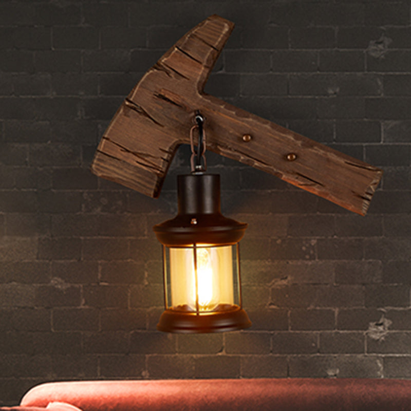 Single-Bulb Sconce Lamp Farmhouse Ax Wooden Wall Lighting with Lantern Shade for Bistro Clearhalo 'Industrial wall lights' 'Industrial' 'Middle century wall lights' 'Rustic wall lights' 'Tiffany' 'Wall Lamps & Sconces' 'Wall Lights' Lighting' 2289737