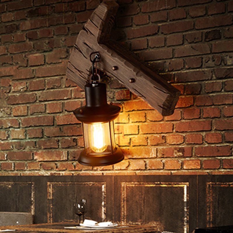 Single-Bulb Sconce Lamp Farmhouse Ax Wooden Wall Lighting with Lantern Shade for Bistro Clearhalo 'Industrial wall lights' 'Industrial' 'Middle century wall lights' 'Rustic wall lights' 'Tiffany' 'Wall Lamps & Sconces' 'Wall Lights' Lighting' 2289738