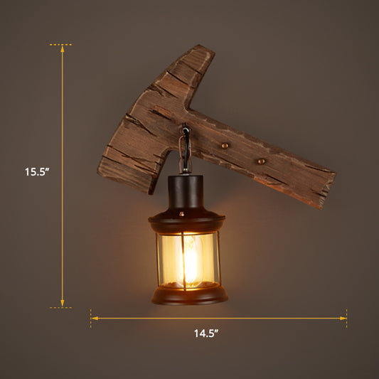 Single-Bulb Sconce Lamp Farmhouse Ax Wooden Wall Lighting with Lantern Shade for Bistro Clearhalo 'Industrial wall lights' 'Industrial' 'Middle century wall lights' 'Rustic wall lights' 'Tiffany' 'Wall Lamps & Sconces' 'Wall Lights' Lighting' 2289739