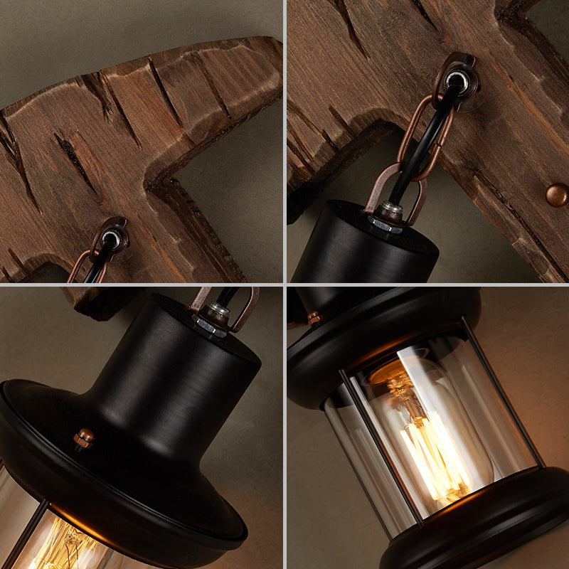 Single-Bulb Sconce Lamp Farmhouse Ax Wooden Wall Lighting with Lantern Shade for Bistro Clearhalo 'Industrial wall lights' 'Industrial' 'Middle century wall lights' 'Rustic wall lights' 'Tiffany' 'Wall Lamps & Sconces' 'Wall Lights' Lighting' 2289740