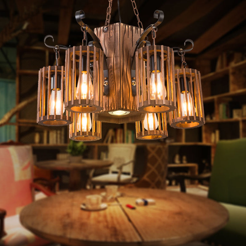 Cage Style Living Room Chandelier Industrial Wooden Brown and Black Suspension Light Fixture Clearhalo 'Carpenter Chandeliers' 'Ceiling Lights' 'Chandeliers' 'Industrial Chandeliers' 'Industrial' 'Middle Century Chandeliers' 'Modern' 'Tiffany' Lighting' 2289747