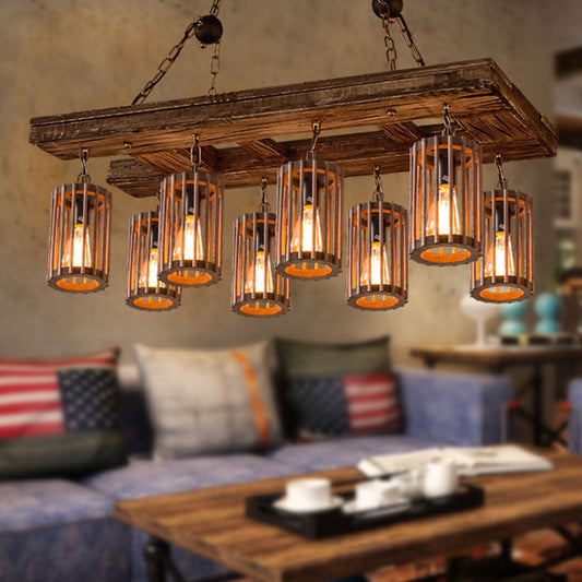 Cage Style Living Room Chandelier Industrial Wooden Brown and Black Suspension Light Fixture Clearhalo 'Carpenter Chandeliers' 'Ceiling Lights' 'Chandeliers' 'Industrial Chandeliers' 'Industrial' 'Middle Century Chandeliers' 'Modern' 'Tiffany' Lighting' 2289749