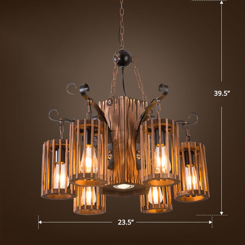 Cage Style Living Room Chandelier Industrial Wooden Brown and Black Suspension Light Fixture 6 Wood Clearhalo 'Carpenter Chandeliers' 'Ceiling Lights' 'Chandeliers' 'Industrial Chandeliers' 'Industrial' 'Middle Century Chandeliers' 'Modern' 'Tiffany' Lighting' 2289751
