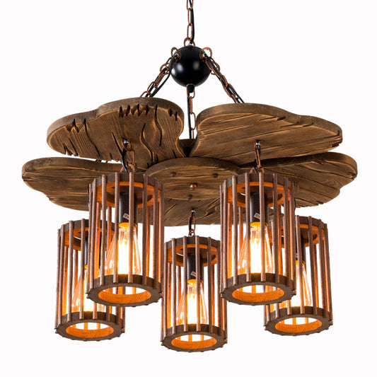 Cage Style Living Room Chandelier Industrial Wooden Brown and Black Suspension Light Fixture Clearhalo 'Carpenter Chandeliers' 'Ceiling Lights' 'Chandeliers' 'Industrial Chandeliers' 'Industrial' 'Middle Century Chandeliers' 'Modern' 'Tiffany' Lighting' 2289752