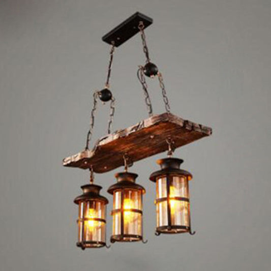 3 Lights Chandelier Nautical Cylinder Clear Glass Hanging Light with Wood Plank Deco in Brown Brown Clearhalo 'Carpenter Chandeliers' 'Ceiling Lights' 'Chandeliers' 'Industrial Chandeliers' 'Industrial' 'Middle Century Chandeliers' 'Modern' 'Tiffany' Lighting' 2289753