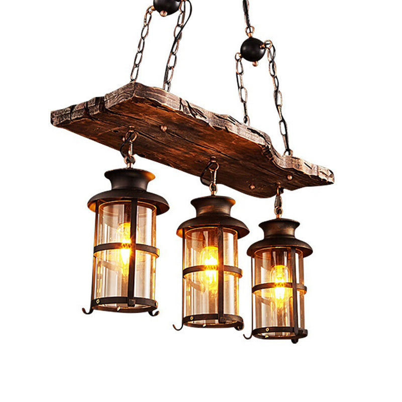 3 Lights Chandelier Nautical Cylinder Clear Glass Hanging Light with Wood Plank Deco in Brown Clearhalo 'Carpenter Chandeliers' 'Ceiling Lights' 'Chandeliers' 'Industrial Chandeliers' 'Industrial' 'Middle Century Chandeliers' 'Modern' 'Tiffany' Lighting' 2289755