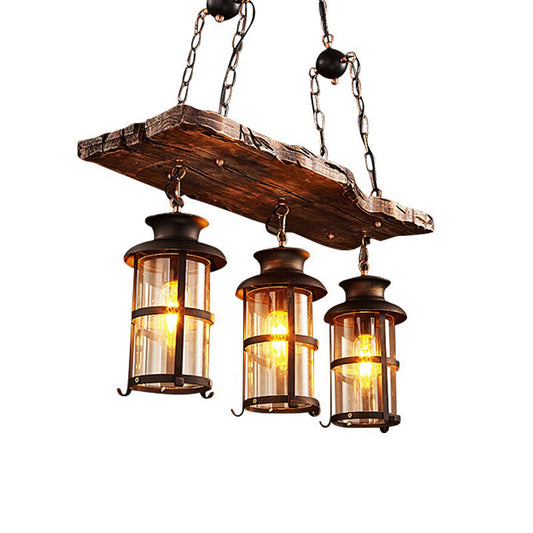 3 Lights Chandelier Nautical Cylinder Clear Glass Hanging Light with Wood Plank Deco in Brown Clearhalo 'Carpenter Chandeliers' 'Ceiling Lights' 'Chandeliers' 'Industrial Chandeliers' 'Industrial' 'Middle Century Chandeliers' 'Modern' 'Tiffany' Lighting' 2289757