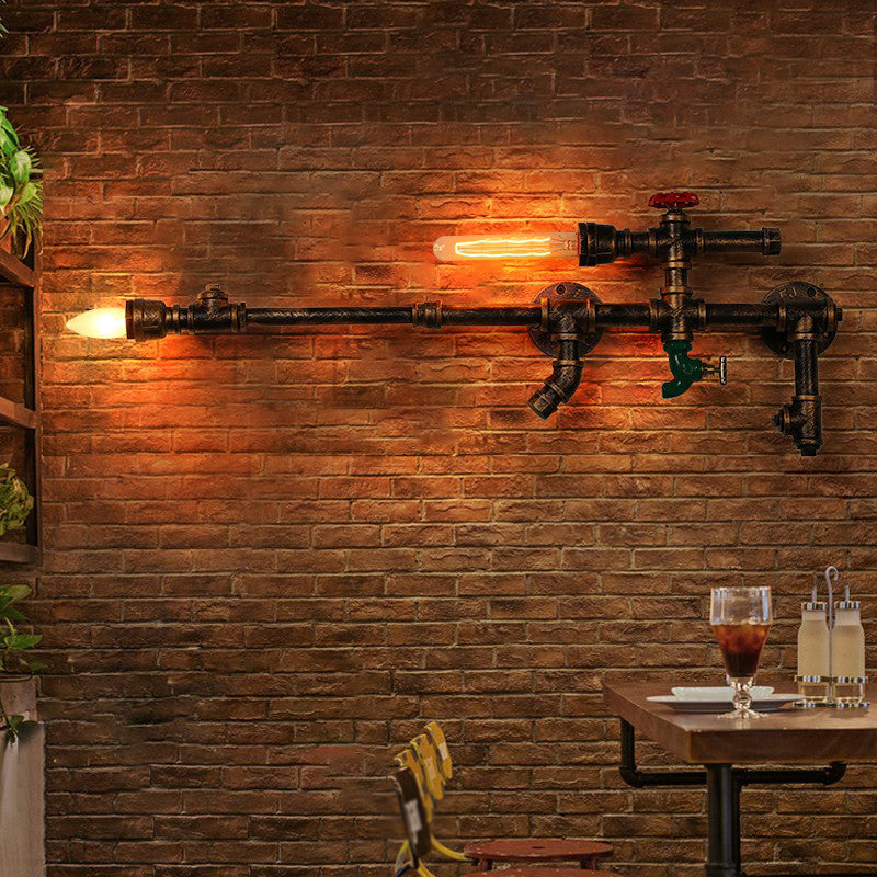 Industrial Pipe Wall Mount Light 2 Heads Wrought Iron Wall Sconce Lighting in Rust Clearhalo 'Art deco wall lights' 'Cast Iron' 'Glass' 'Industrial wall lights' 'Industrial' 'Middle century wall lights' 'Modern' 'Rustic wall lights' 'Tiffany' 'Traditional wall lights' 'Wall Lamps & Sconces' 'Wall Lights' Lighting' 2289769