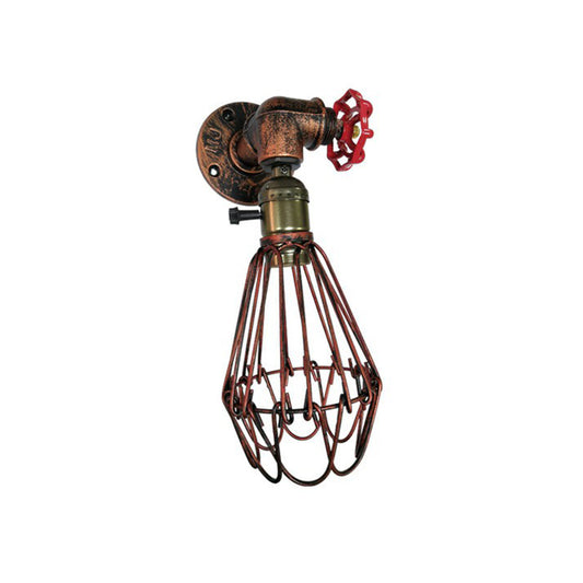 1-Bulb Cage Wall Light Fixture Warehouse Rust Red Metallic Sconce Light for Living Room Rust Red Clearhalo 'Art deco wall lights' 'Cast Iron' 'Glass' 'Industrial wall lights' 'Industrial' 'Middle century wall lights' 'Modern' 'Rustic wall lights' 'Tiffany' 'Traditional wall lights' 'Wall Lamps & Sconces' 'Wall Lights' Lighting' 2289786