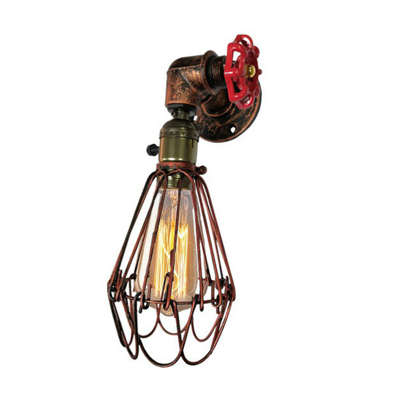 1-Bulb Cage Wall Light Fixture Warehouse Rust Red Metallic Sconce Light for Living Room Clearhalo 'Art deco wall lights' 'Cast Iron' 'Glass' 'Industrial wall lights' 'Industrial' 'Middle century wall lights' 'Modern' 'Rustic wall lights' 'Tiffany' 'Traditional wall lights' 'Wall Lamps & Sconces' 'Wall Lights' Lighting' 2289787