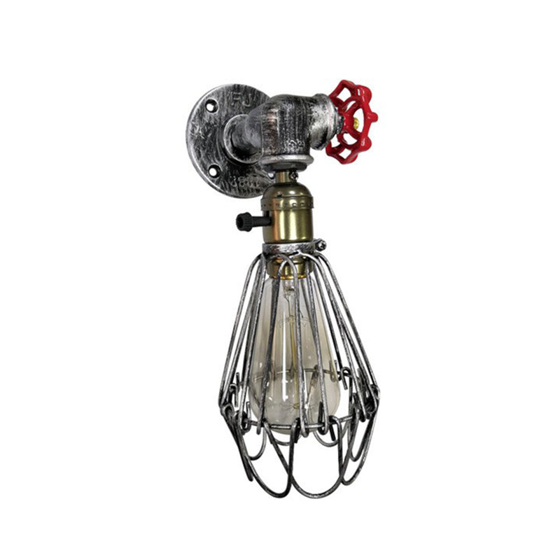 1-Bulb Cage Wall Light Fixture Warehouse Rust Red Metallic Sconce Light for Living Room Silver Clearhalo 'Art deco wall lights' 'Cast Iron' 'Glass' 'Industrial wall lights' 'Industrial' 'Middle century wall lights' 'Modern' 'Rustic wall lights' 'Tiffany' 'Traditional wall lights' 'Wall Lamps & Sconces' 'Wall Lights' Lighting' 2289789