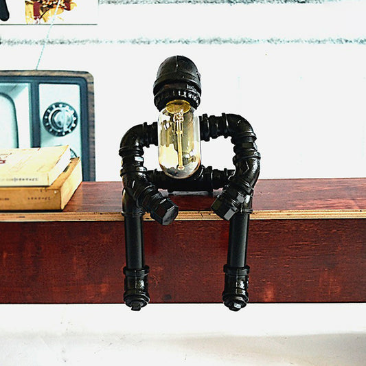 Black Sitting Robot Night Light Steampunk Metal 1 Bulb Bedroom Table Lamp for Decoration Clearhalo 'Lamps' 'Table Lamps' Lighting' 2289811