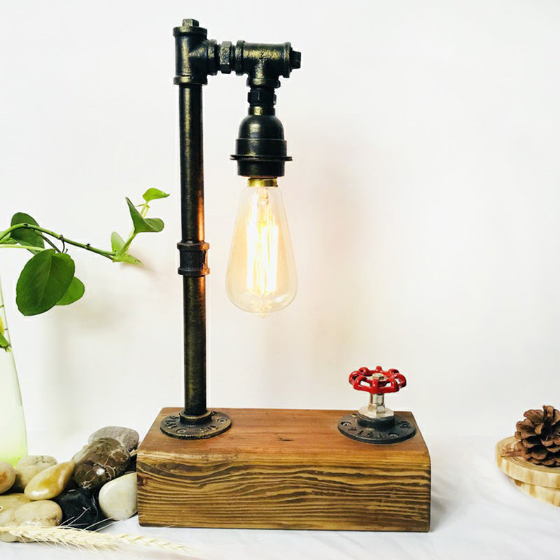 Bronze Finish Water Pipe Table Light Industrial Iron 1-Light Bedroom Night Lamp with Wooden Base and Valve Dimmer Switch Bronze Clearhalo 'Lamps' 'Table Lamps' Lighting' 2289825