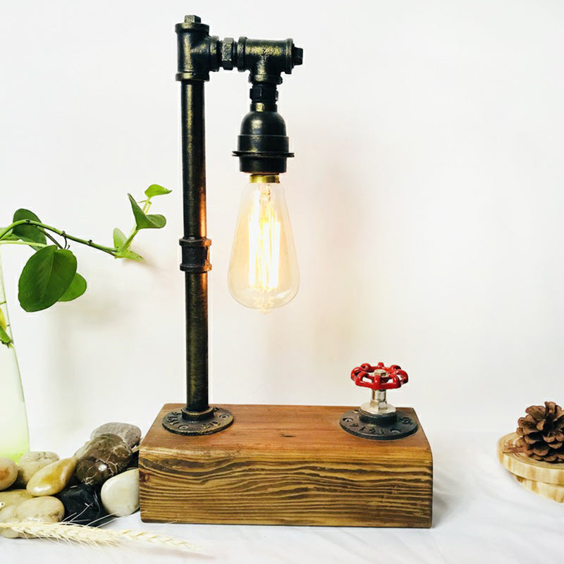 Bronze Finish Water Pipe Table Light Industrial Iron 1-Light Bedroom Night Lamp with Wooden Base and Valve Dimmer Switch Clearhalo 'Lamps' 'Table Lamps' Lighting' 2289826