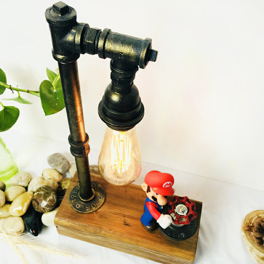 Bronze Finish Water Pipe Table Light Industrial Iron 1-Light Bedroom Night Lamp with Wooden Base and Valve Dimmer Switch Clearhalo 'Lamps' 'Table Lamps' Lighting' 2289827