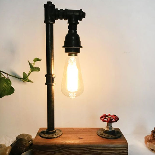 Bronze Finish Water Pipe Table Light Industrial Iron 1-Light Bedroom Night Lamp with Wooden Base and Valve Dimmer Switch Clearhalo 'Lamps' 'Table Lamps' Lighting' 2289828