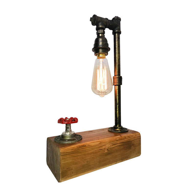 Bronze Finish Water Pipe Table Light Industrial Iron 1-Light Bedroom Night Lamp with Wooden Base and Valve Dimmer Switch Clearhalo 'Lamps' 'Table Lamps' Lighting' 2289829